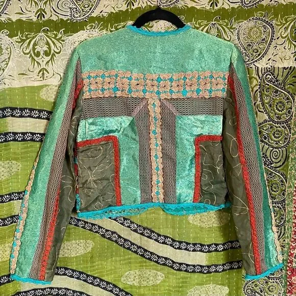 Rare Vintage Sandy Starkman Aqua Patchwork/ Embroidered Boho Cardigan Size Small - Picture 9 of 15